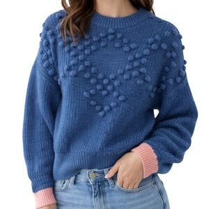Sachin & Babi Gracelle Cotton Knit Pom Sweater Blue with Pink Cuff